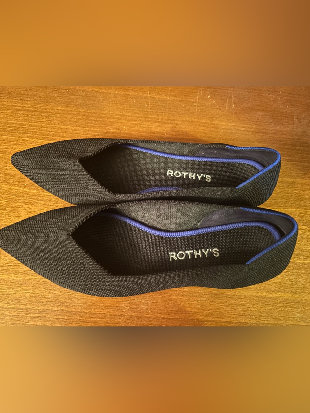 Rothy's Black Pointed Knit Flats with Blue Trim
